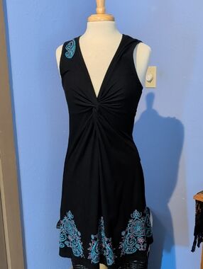 Johnny Was Black Dress with Turquoise & Pink Embroidery